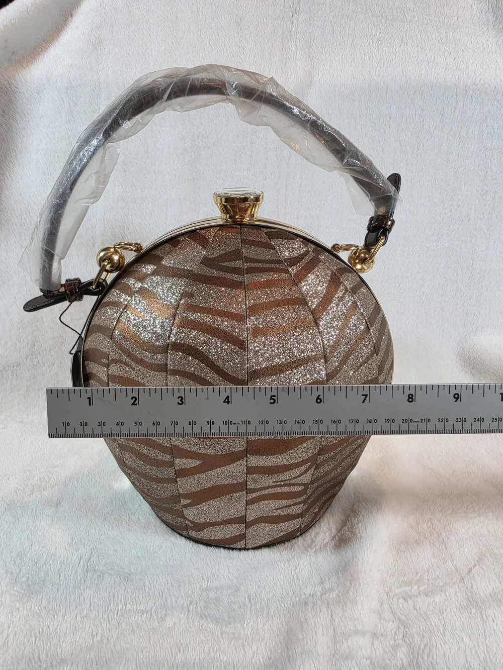 Blue Heaven Womens Zebra Glitter Round Evening Handbag Purse NWT Gold Tone
